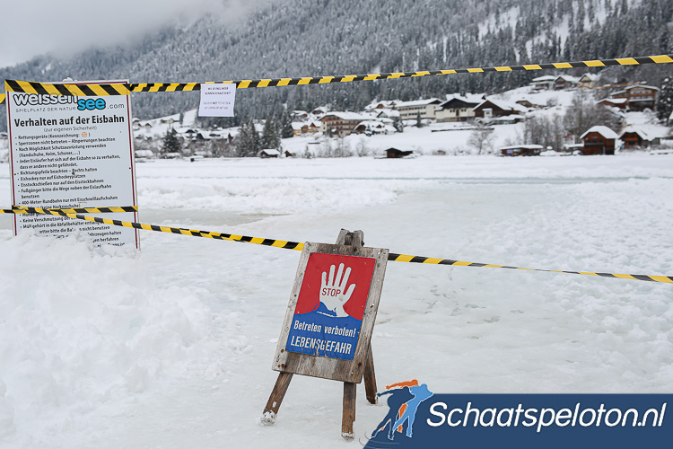 Het is vandaag verboden de Weissensee te betreden. Door sneeuwval is het ijs niet betreedbaar.